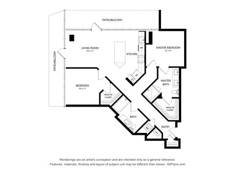 Floor plan for 2 beds, 2 baths, 1134 sqft